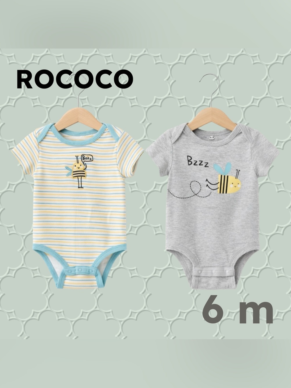 👍GUC ROCOCO |6m | 2X Playful Unisex Gray & White bee print short sleeves Onesies